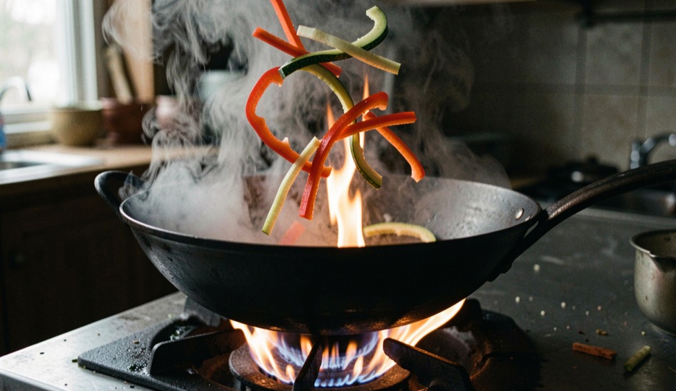 Un wok en acier noirci sur une flamme haute, des lanières de poivron et de courgette projetées en l’air au-dessus d’un nuage de vapeur, cuisine sombre